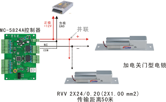 双门门禁控制器与电插锁的接线